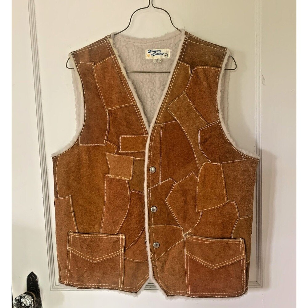 Patchwork Genuine Leather Vest Size 40? Hippie Sherpa Handmade Western Vintage